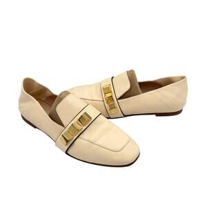 Stuart Weitzman Wylie Pyramid Cream Leather Stud Folded Back Heel Loafers Flats
